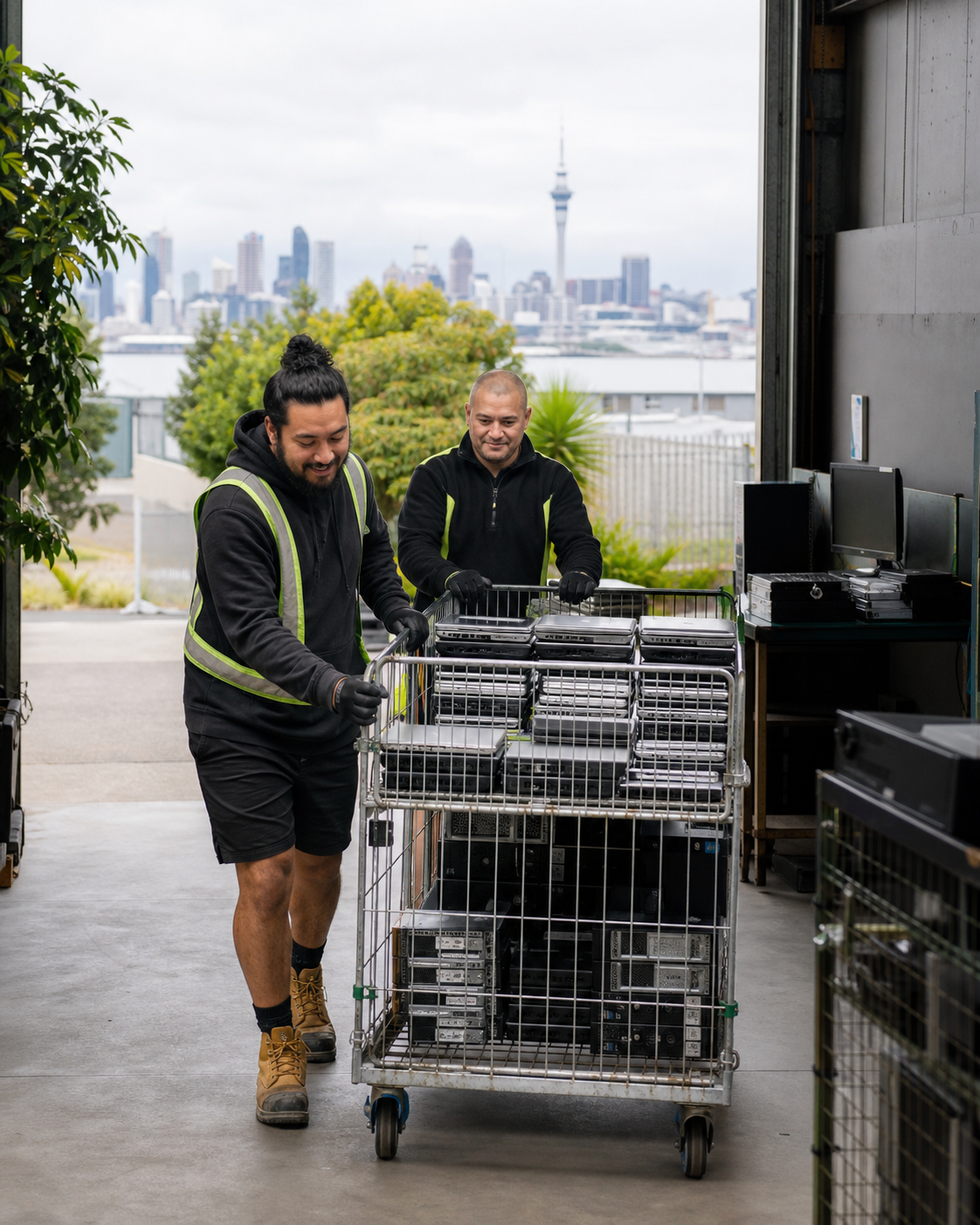 Illustration of a technology reuse team moving a cage of laptops