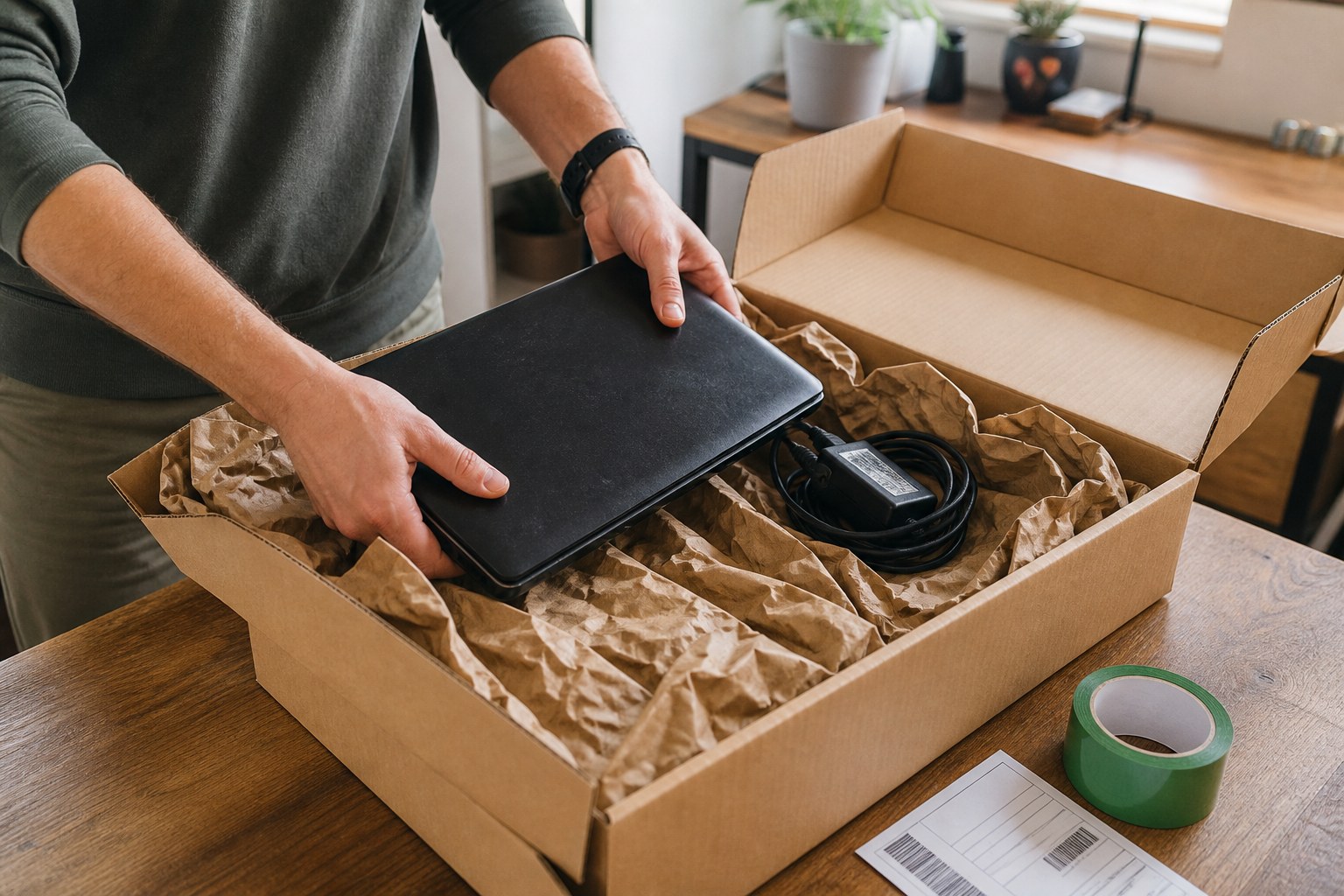 A used laptop and charger being packed securely into a courier box for mail-back recycling